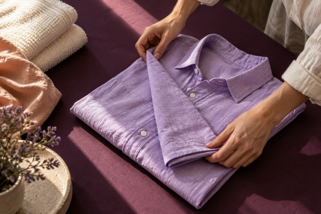 Hands carefully folding a lavender shirt on a plum table in warm sunlight