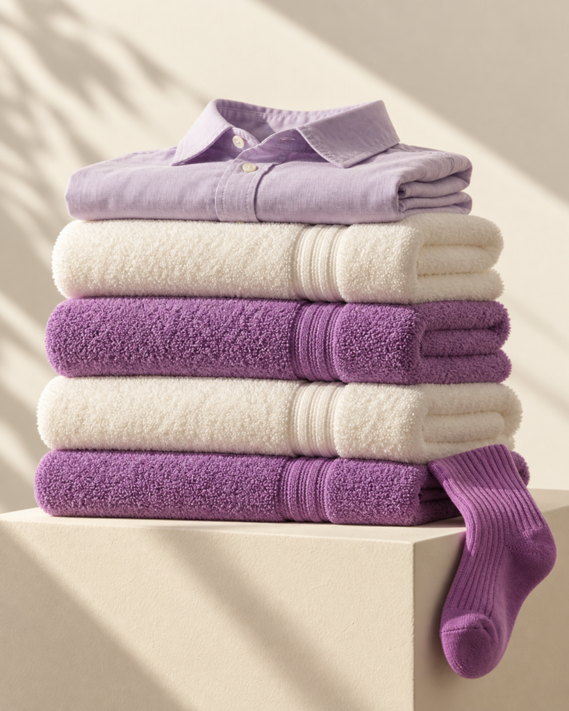 Freshly folded cream and purple laundry in warm sunlight