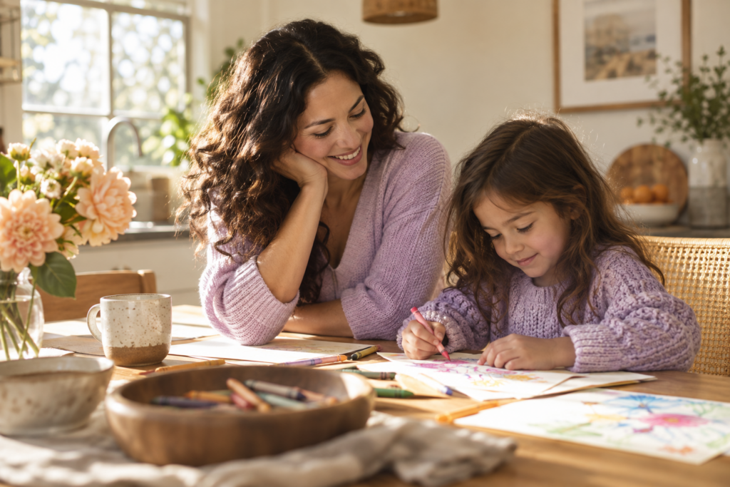 A mother and daughter enjoying time drawing together at home
