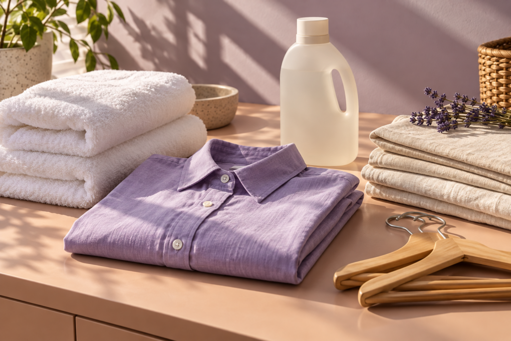 Lavender shirt, fresh towels, detergent and wooden hangers ready for thoughtful laundry care