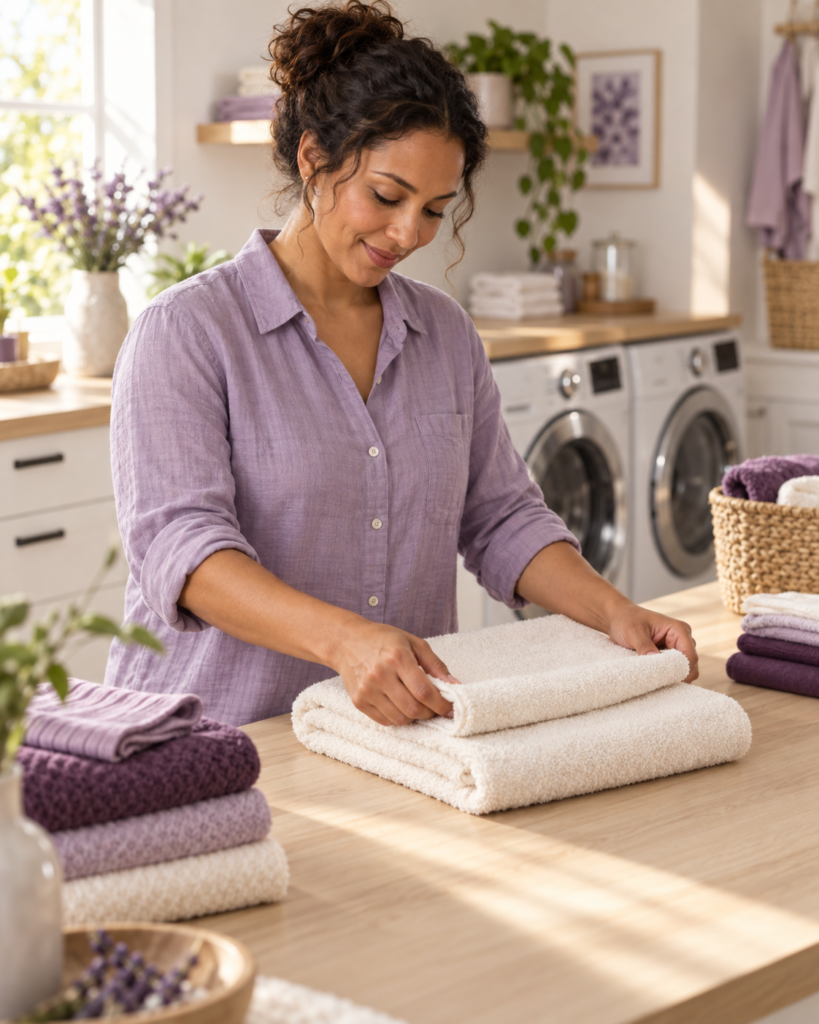 A woman carefully folding a cream towel in a bright laundry room